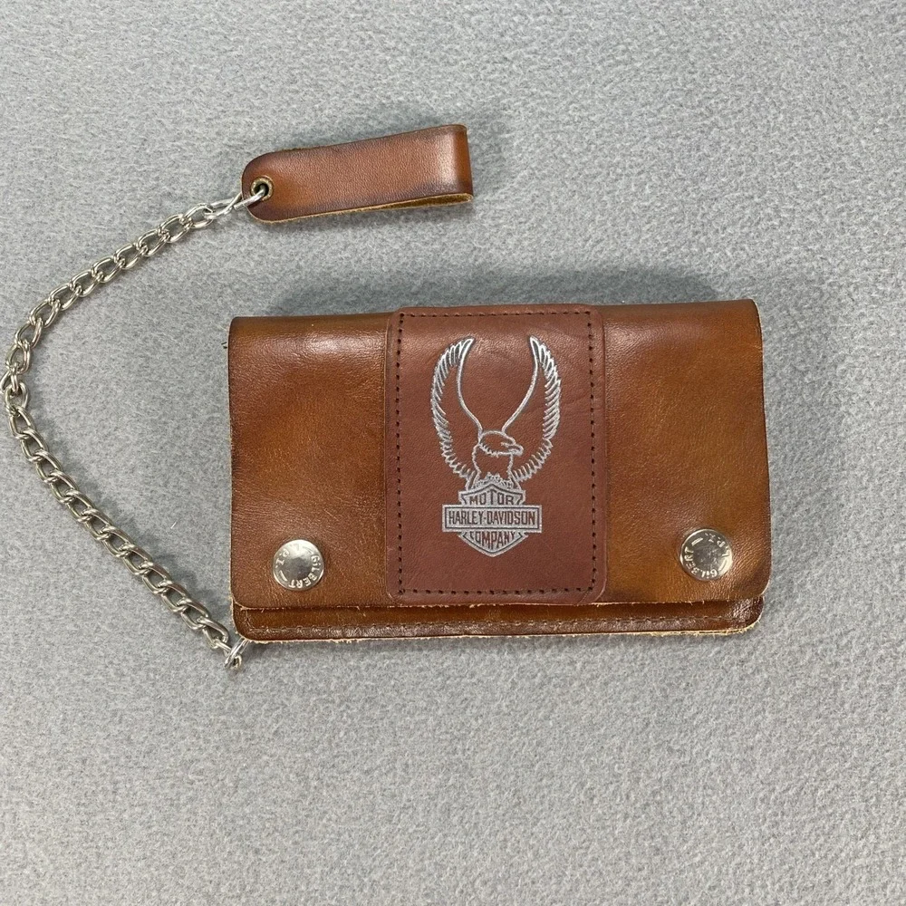 Vintage Harley Davidson Trucker Leather Wallet Tan With Chain Flaw